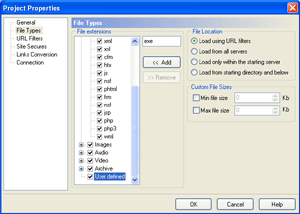 La sezione "File Types" permette di impostare il tipo, la posizione e il limite di dimensione dei file da scaricare.